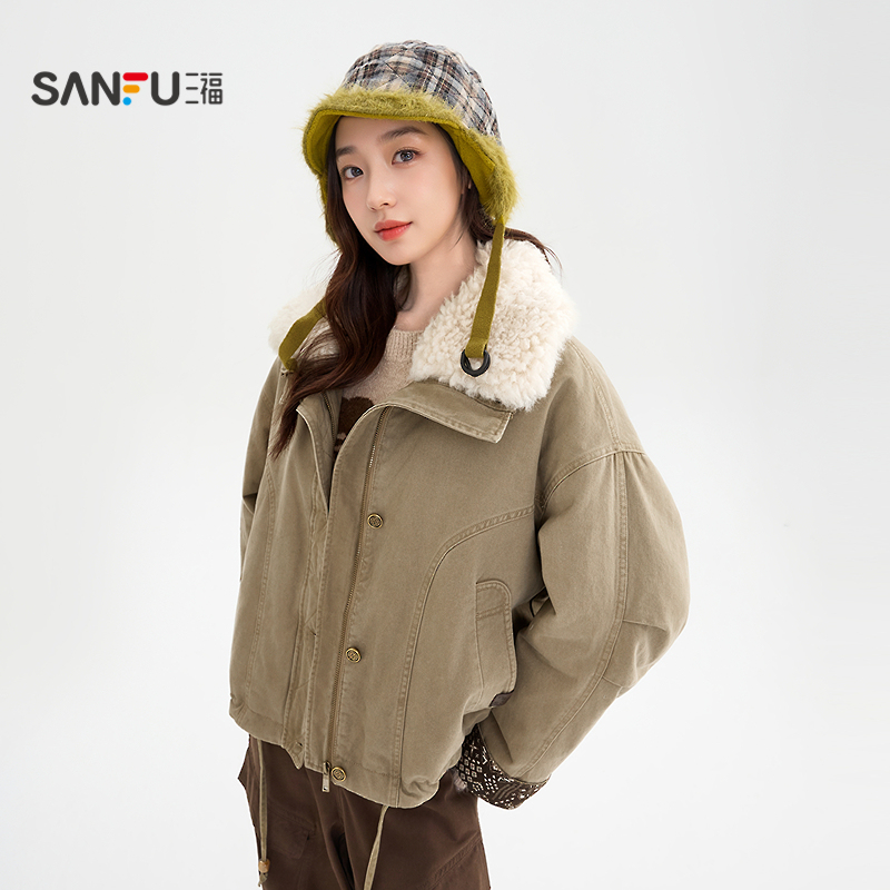 三福厚外套女2025新款冬季保暖毛绒翻领宽松短款派克服女装848677