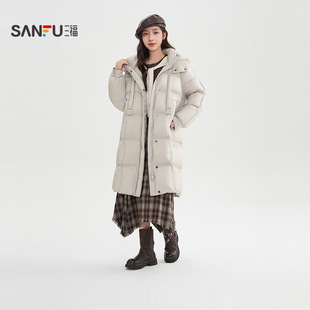三福羽绒服女2025新款冬季宽松保暖中长款连帽灰色外套女装852311