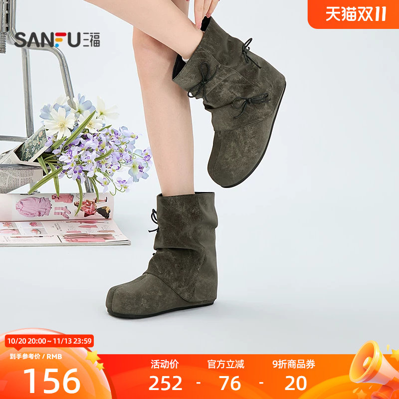 三福女靴鞋复古废土风蝴蝶结圆头勃肯鞋时尚休闲女鞋863215