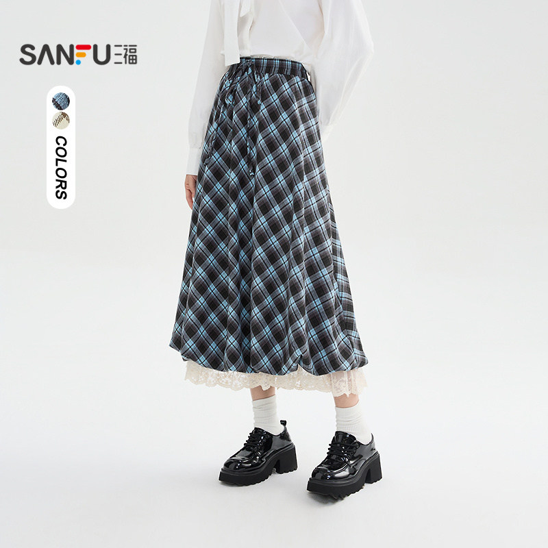 三福半身裙2025新款冬季巨好看的蕾丝拼接复古格子裙子女装509019