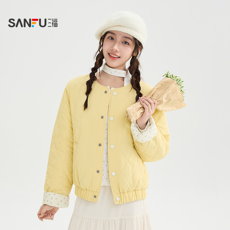 三福棉服女2025新款冬季撞色袖口可两面穿圆领棉衣外套女装510470