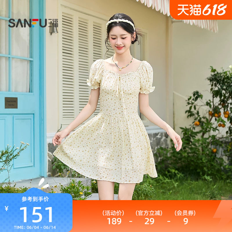 三福泡泡袖连衣裙2026新款夏季甜美绑带收腰碎花短裙子女装522021