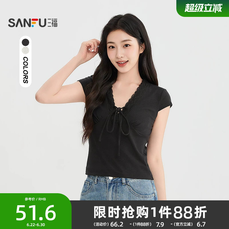 三福女短T恤2026夏季新款气质蕾丝花边领蝴蝶结绑带上衣女装
