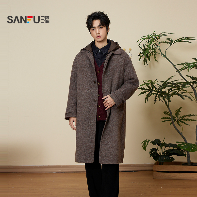 三福2025冬季男士可拆连帽长款呢料外套 宽松呢子大衣513412