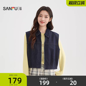 520483 褶皱宽松兜摆翻领牛仔外套女装 三福马甲女款 外穿2026春季