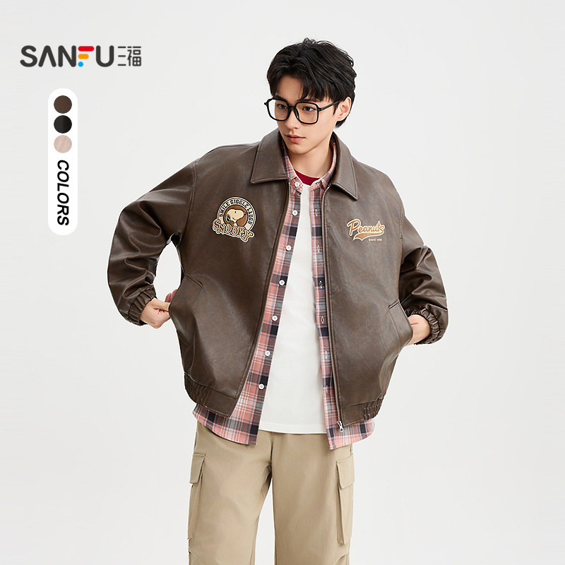 【史努比联名】三福2025秋冬男士刺绣PU皮衣夹克外套507952