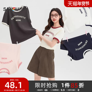 三福短袖T恤女2026新款夏夏季简约撞色圆领英文印花短款上衣女装