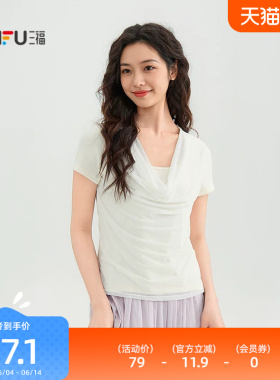 三福荡领短袖女2026新款夏季都市网纱拼接白色t恤上衣女装521423