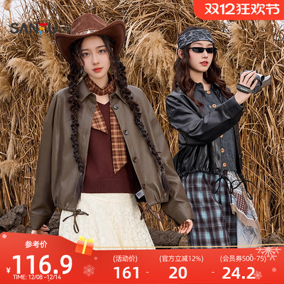 三福皮衣外套2025新款秋季时尚小个子翻领宽松夹克上衣女装507135