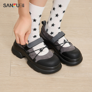 三福休闲鞋女秋季运动芭蕾风厚底魔术贴玛丽珍鞋女鞋833022