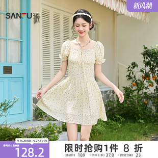 三福泡泡袖连衣裙2026新款夏季甜美绑带收腰碎花短裙子女装522021