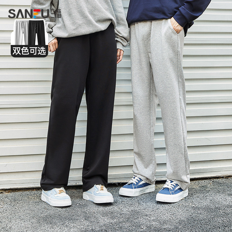 三福2023秋季新款休闲裤男抽绳字母卫裤宽松运动直筒针织长裤裤子