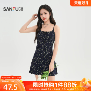 三福吊带连衣裙2026新款夏季复古法式纯欲修身系带碎花短裙子女装