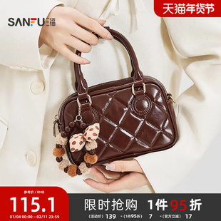 三福手提包冬季韩系菱格小香风波士顿包串珠时尚女包512713