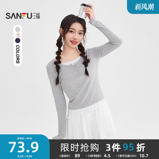三福長袖 秋季 韓系蕾絲碎花拼接假兩件上衣女裝 507566 T恤2025新款