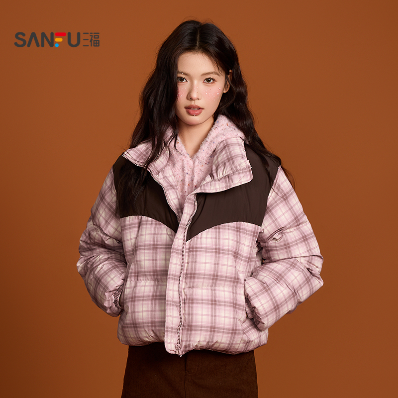 三人行三福棉衣棉服2025新款冬季撞色格子保暖棉袄外套女装512792