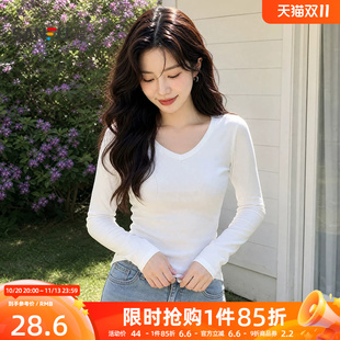 三福女长T恤2026秋季新款气质简约V领修身下摆时尚加厚上衣女