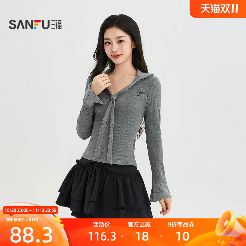 三福女长T恤2026秋季新款蝴蝶结喇叭袖波点领带翻领长袖上衣女装