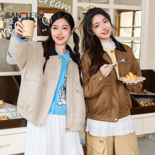 510464 复古拼接皮翻领松紧下摆宽松夹克女装 三福外套2025新款 冬季
