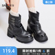 三福女中靴冬季 848166 都市游牧风侧边扣带朋克风厚底翻筒靴女鞋