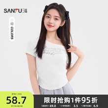 三福短袖T恤2025新款夏季小个子显瘦斜肩印花短款上衣女装501214
