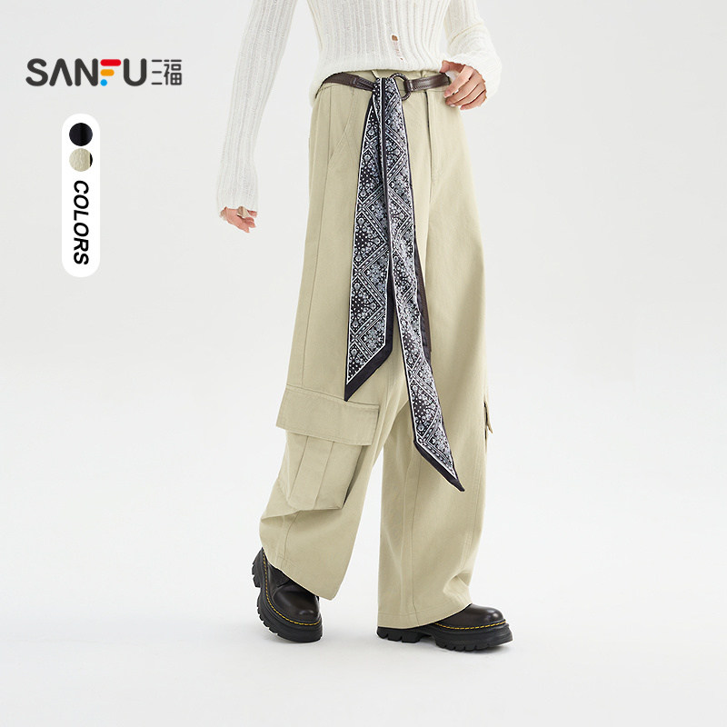 三福休闲裤2025新款冬季丝巾腰带宽松弯刀裤工装风裤子女装510580,女装/女士精品,休闲裤,淘宝优惠券,粉丝福利购,淘宝优惠卷