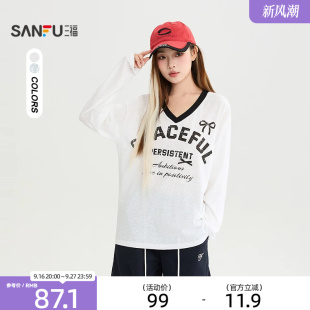 三福长T恤2026秋季时尚V领英文印花撞色宽松上衣女装529470