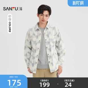 休闲翻领上衣518671 渐变格纹口袋英文长衬衫 三福2026春季 男士