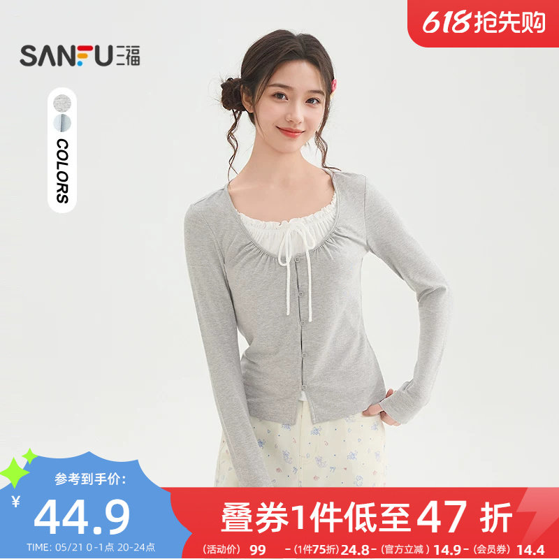 三福长袖T恤女2026新款春季小个子绑带假两件短款上衣女装517366
