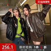 三福皮衣夹克2026新款 846474 复古宽松翻领黑色外套女装 春季 时尚