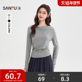 三福长袖 514477 荡领褶皱收腰一字领休闲上衣女装 T恤2026新款 春季