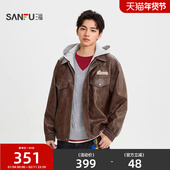 三福2026春季 休闲连帽外套516582 英文章仔PU皮衣夹克美式 新款 男士