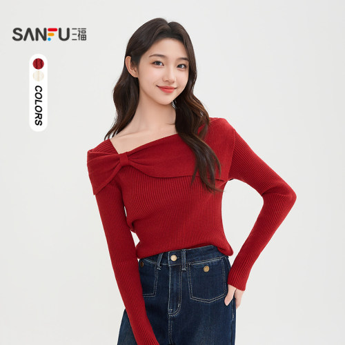 三福红色毛衣女2026新款春季气质优雅方领本命年针织衫女装516789