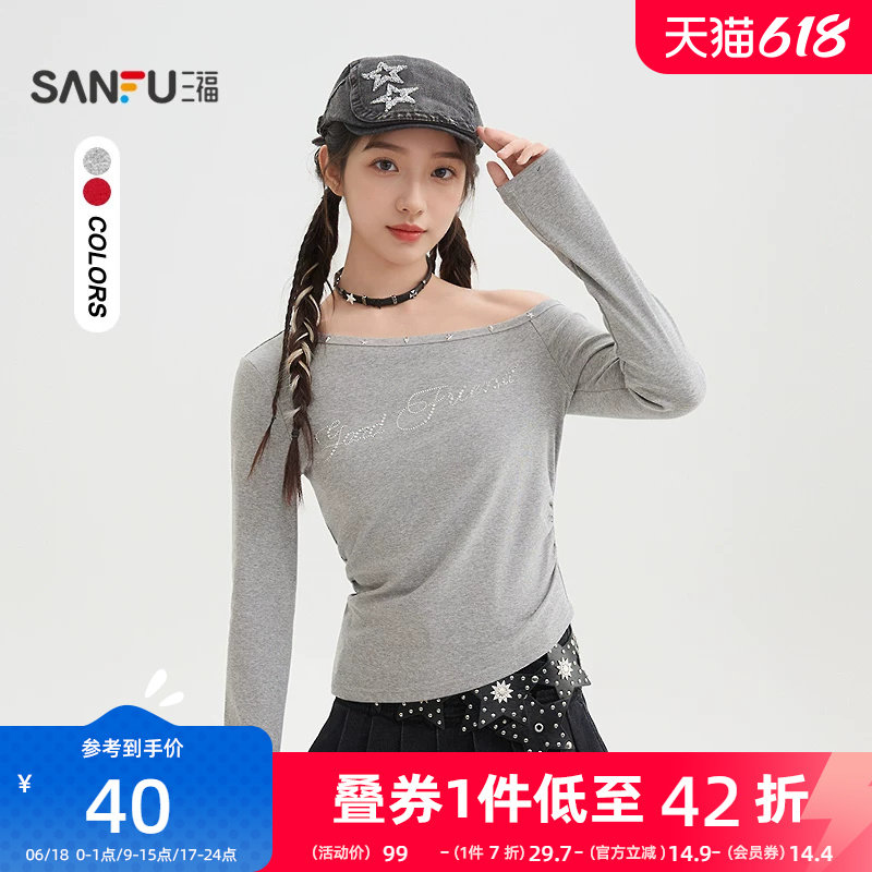 三福铆钉斜肩上衣女2026新款春季烫钻英文时尚长袖t恤女装520016