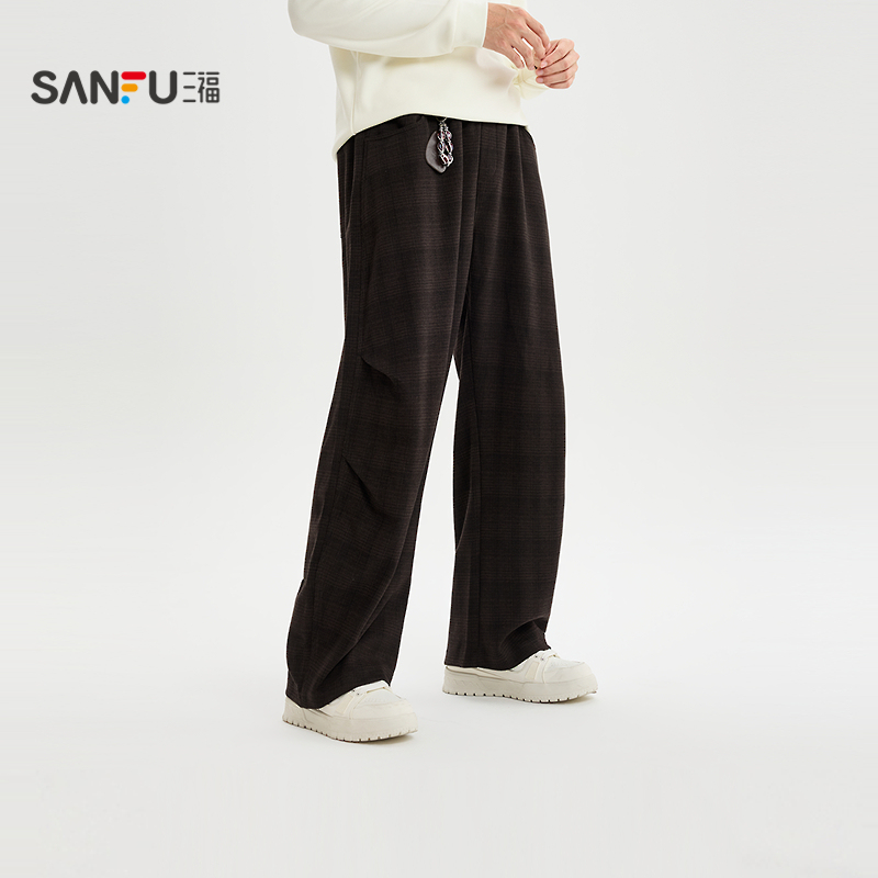 三福2025冬季男士挂坠装饰格纹休闲裤 打褶宽松直筒长裤512368
