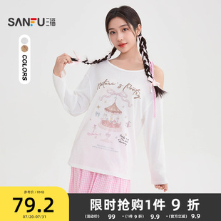 505893 三福长袖 T恤女2025新款 秋季 甜美印花绑带斜肩宽松上衣女装