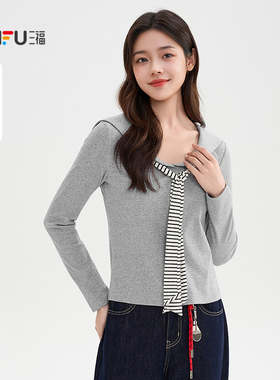 三福长袖T恤女2025新款秋季韩系绑带条纹披肩时尚上衣女装511024
