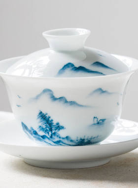 天泽手绘三才盖碗茶杯景德镇白瓷单个青花瓷功夫泡喝敬沏陶瓷茶具