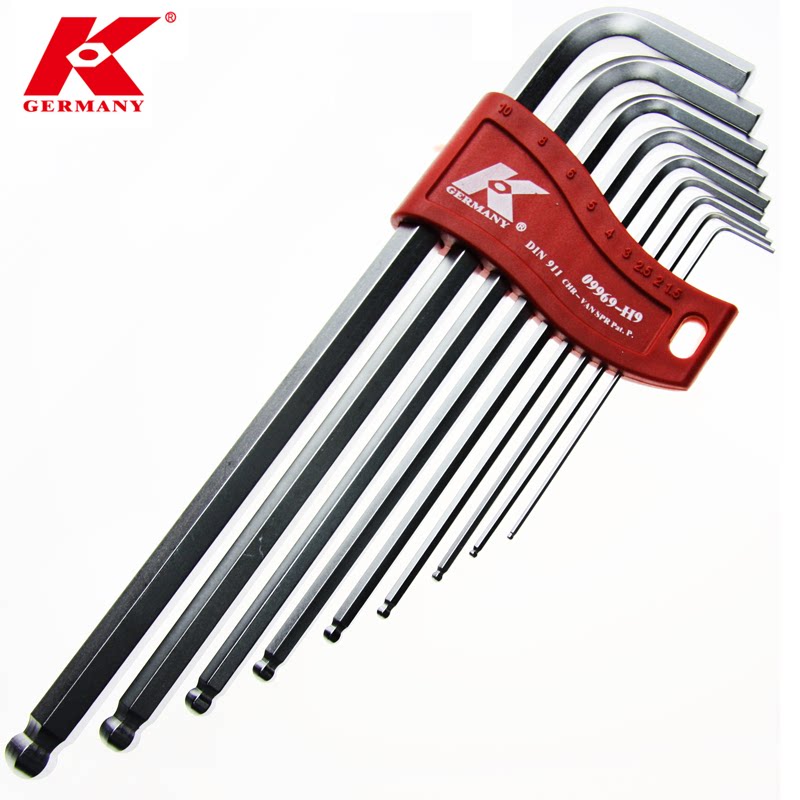 德国k牌进口特长l型内六角扳手公制带球头六角扳手组1.5-10mm9件