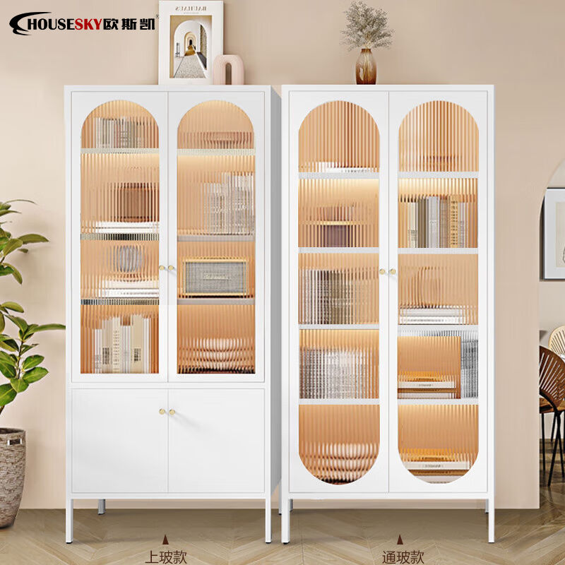 housesky法式奶油铁艺防尘书柜置物柜架带门轻奢钢制白色客厅玻璃
