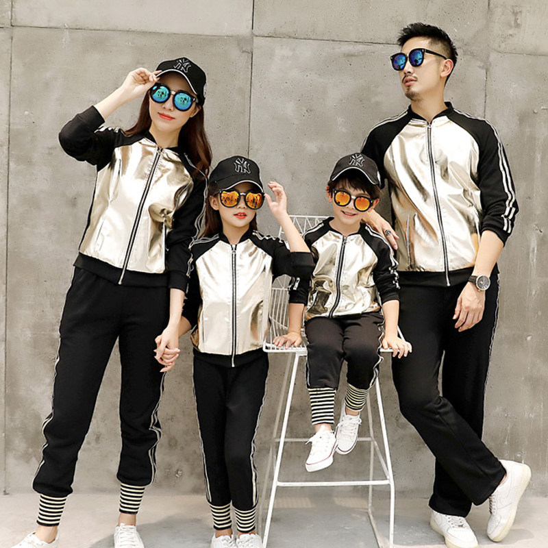 亲子装一家三口四口春秋装2020新款潮母子母女班服洋气PU套装冬装