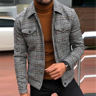 欧美男装夹克2025秋季宽松休闲翻领格子男外套上衣潮Men's jacket