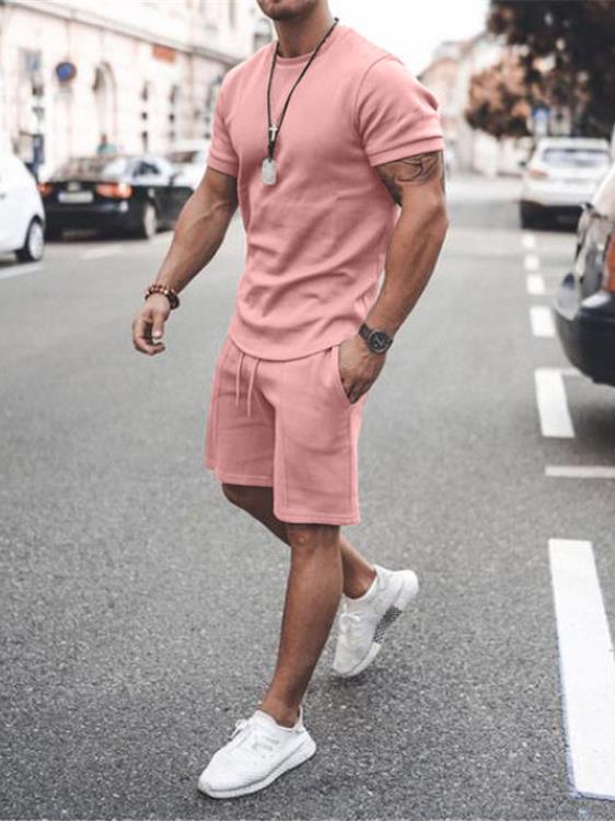2025 New Foreign Trade Fashion European and American Short Sleeve T-shirt Shorts Men's Two-Piece Athleisure Men's Solid Color Suit