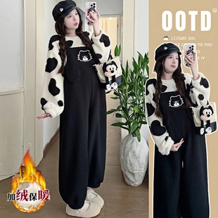 孕妇装套装学院风黑色宽松背带裤秋冬可爱猫咪刺绣新款工装休闲裤