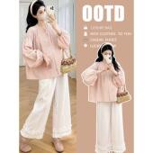 裤 粉色孕妈甜美减龄压褶条纹衬衫 子两件套女 春秋2026新款 孕妇套装