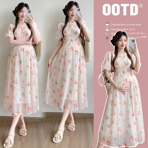 孕妇夏季法式雪纺碎花显瘦连衣裙