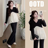 两件时尚 不显怀V领高级感孕妇上衣洋气喇托腹裤 套装 2026孕妇春季