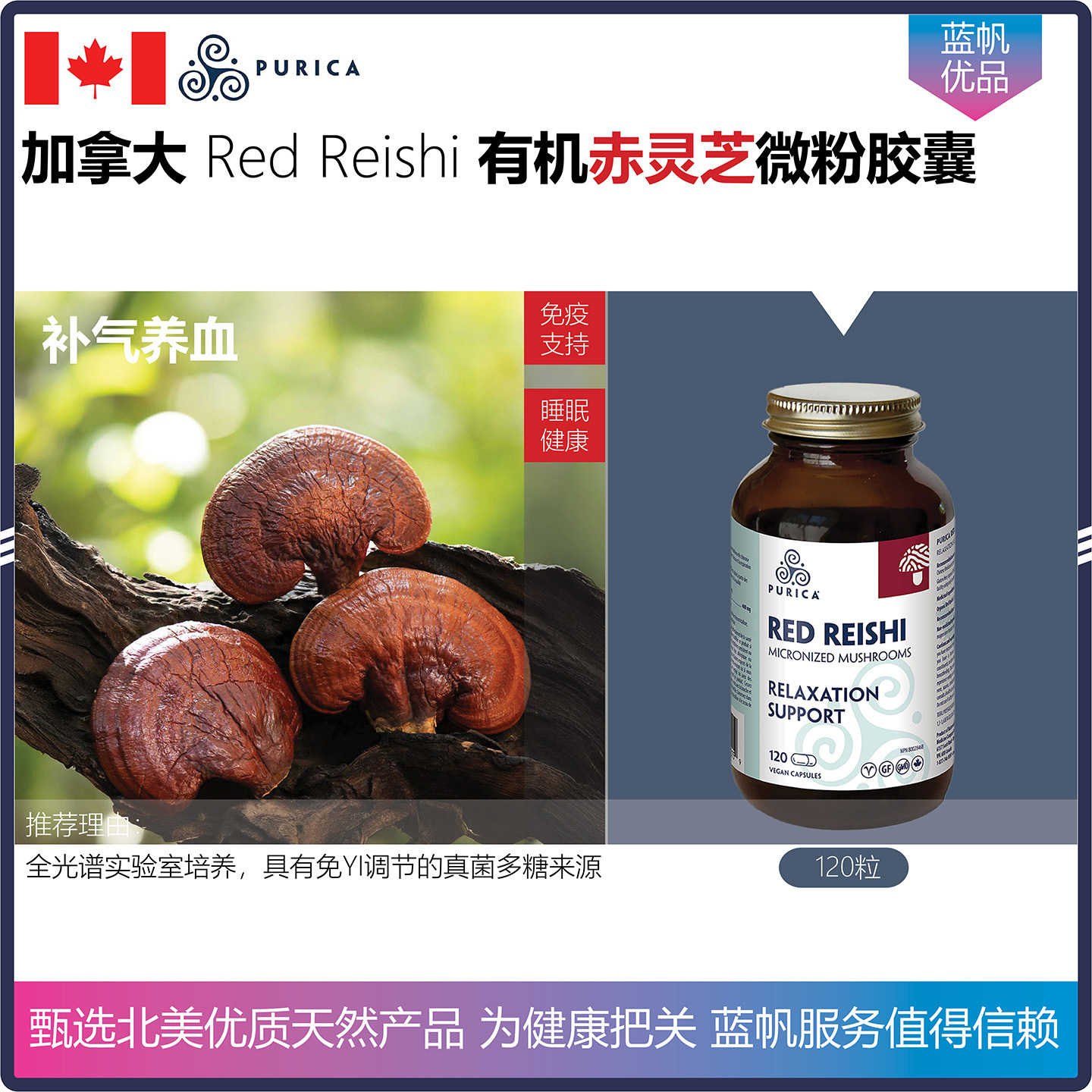 【温哥华直邮】120粒 加拿大PURICA有机赤灵芝微粉情绪放松助眠