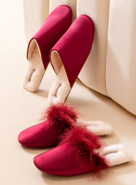 结婚喜庆拖鞋红色新婚一对仙女风加绒羽毛缎面冬季喜事棉拖