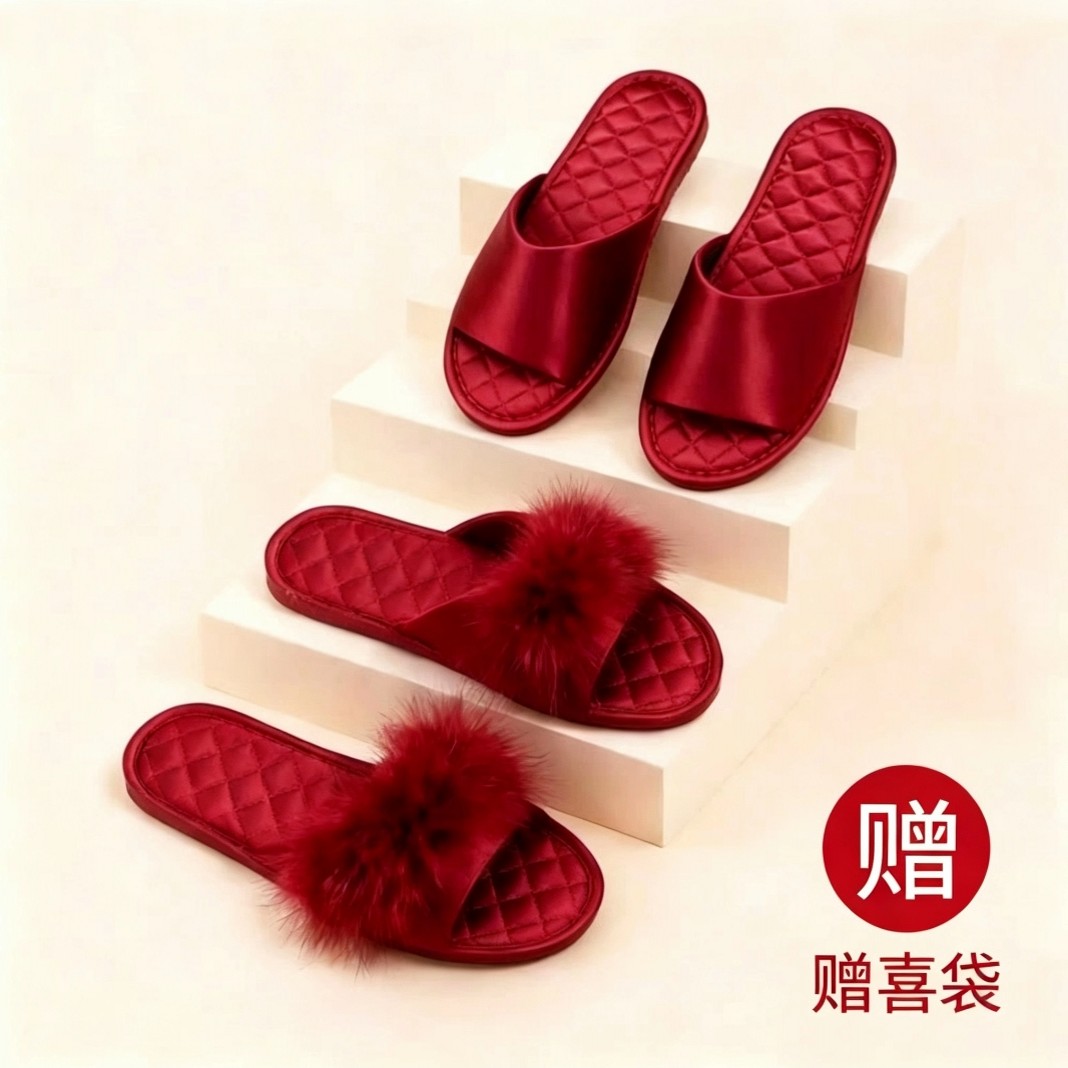 结婚拖鞋喜庆红色一对羽毛轻奢冬